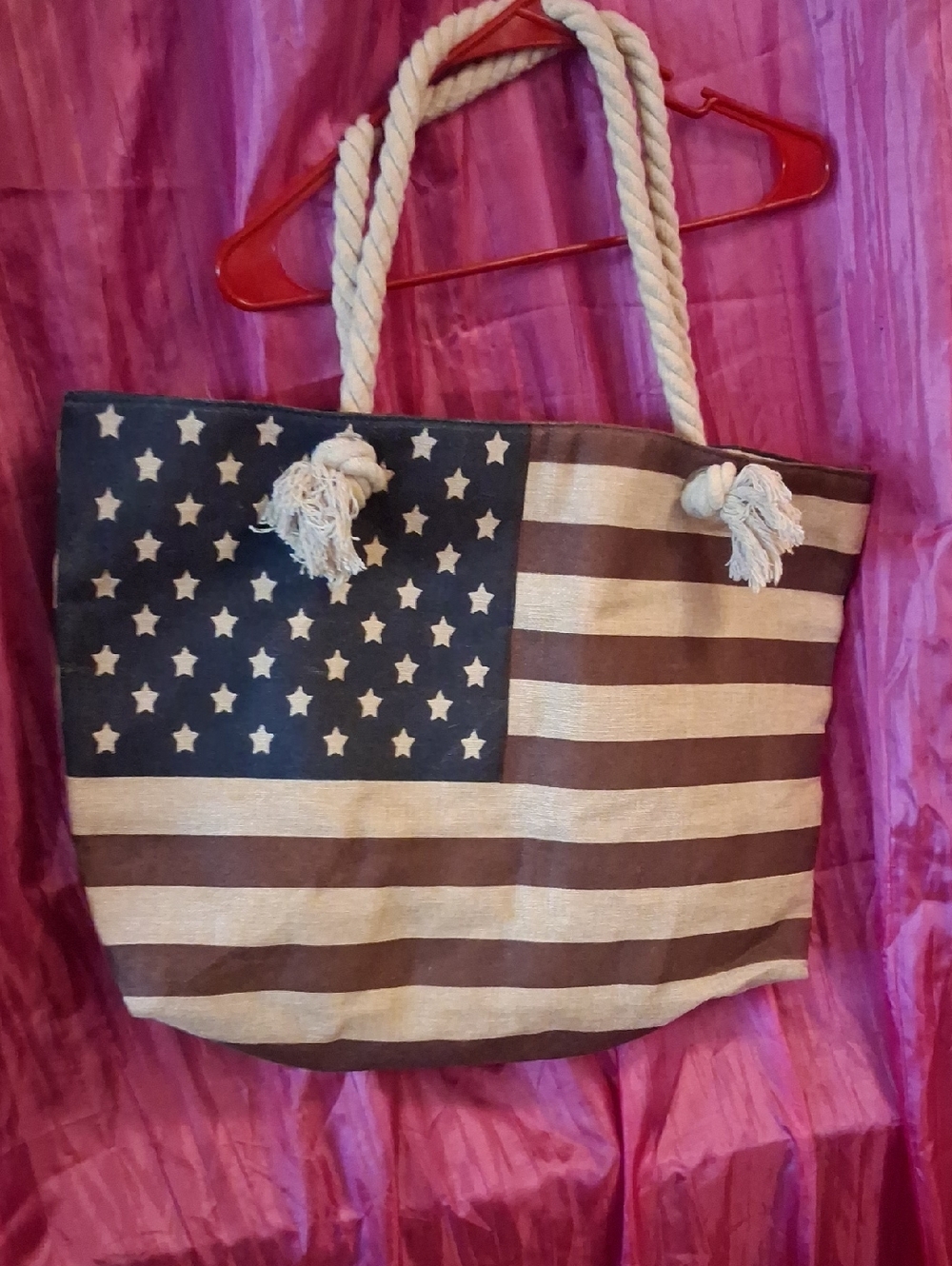 Patriotic Canvas Tote Bag with Rope Handles - Navy & Natural
